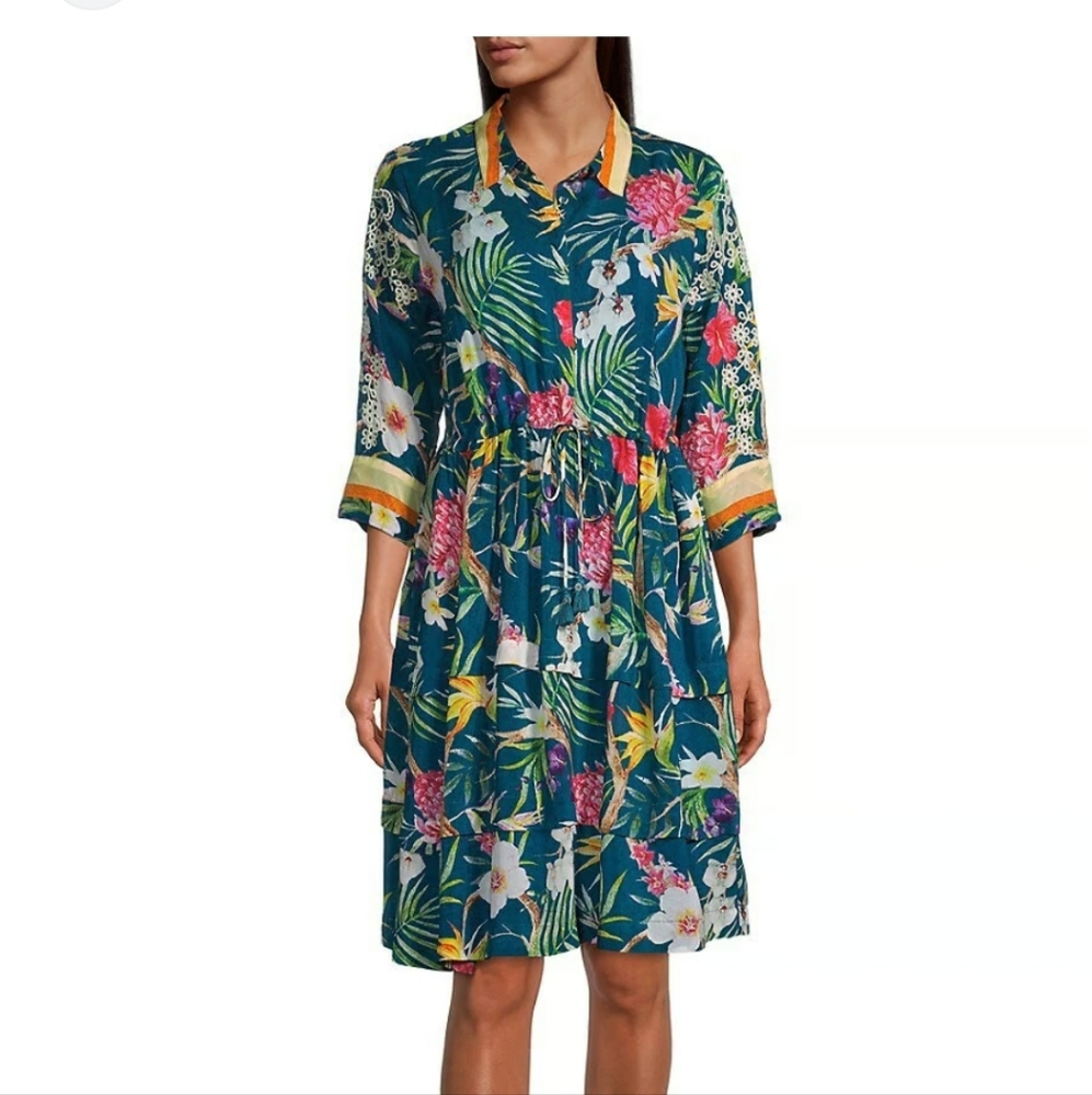 JOHNNY WAS Belanca Tiered Eyelet Botanical-Print Shift Dress